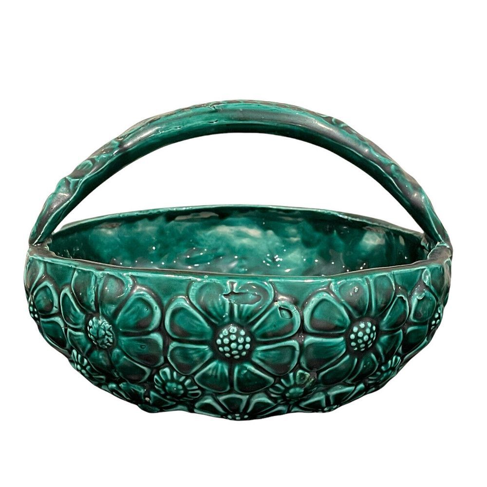 Vintage Signed Handmade Pottery Green Glazed Daisy Pattern Flower Basket Planter